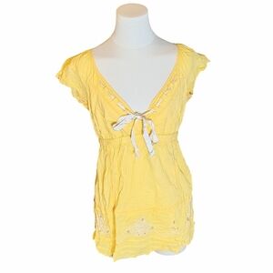 Y2K Charlotte Russe Bright Canary Yellow Cutout Ribbon Woven Blouse Size Large